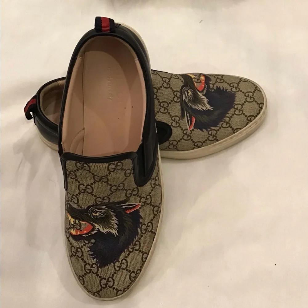Gucci Tan Monogram Slip-On Loafers with Wolf Motif
